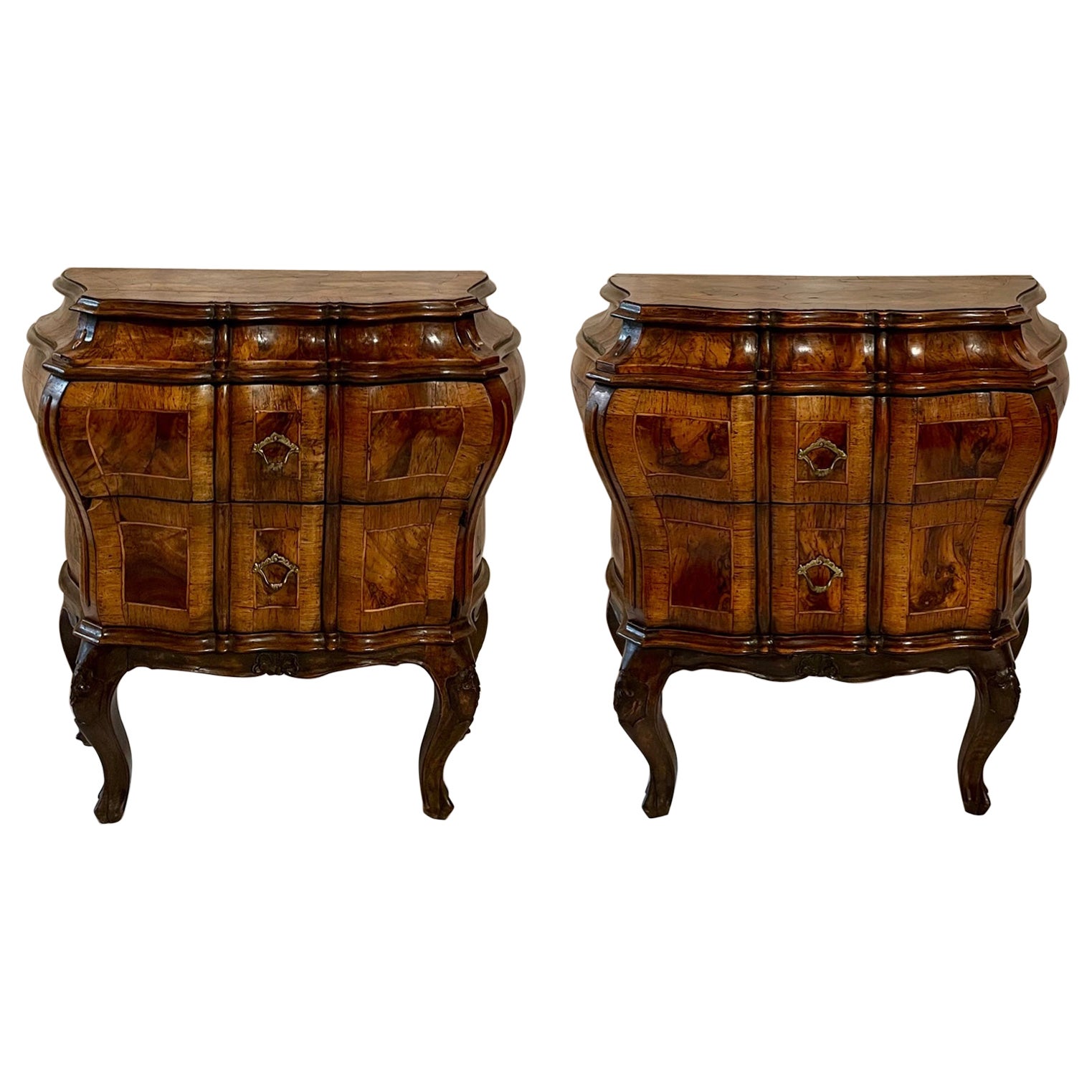 Pair Antique Italian Walnut Bombe Chests, Circa 1920's. For Sale