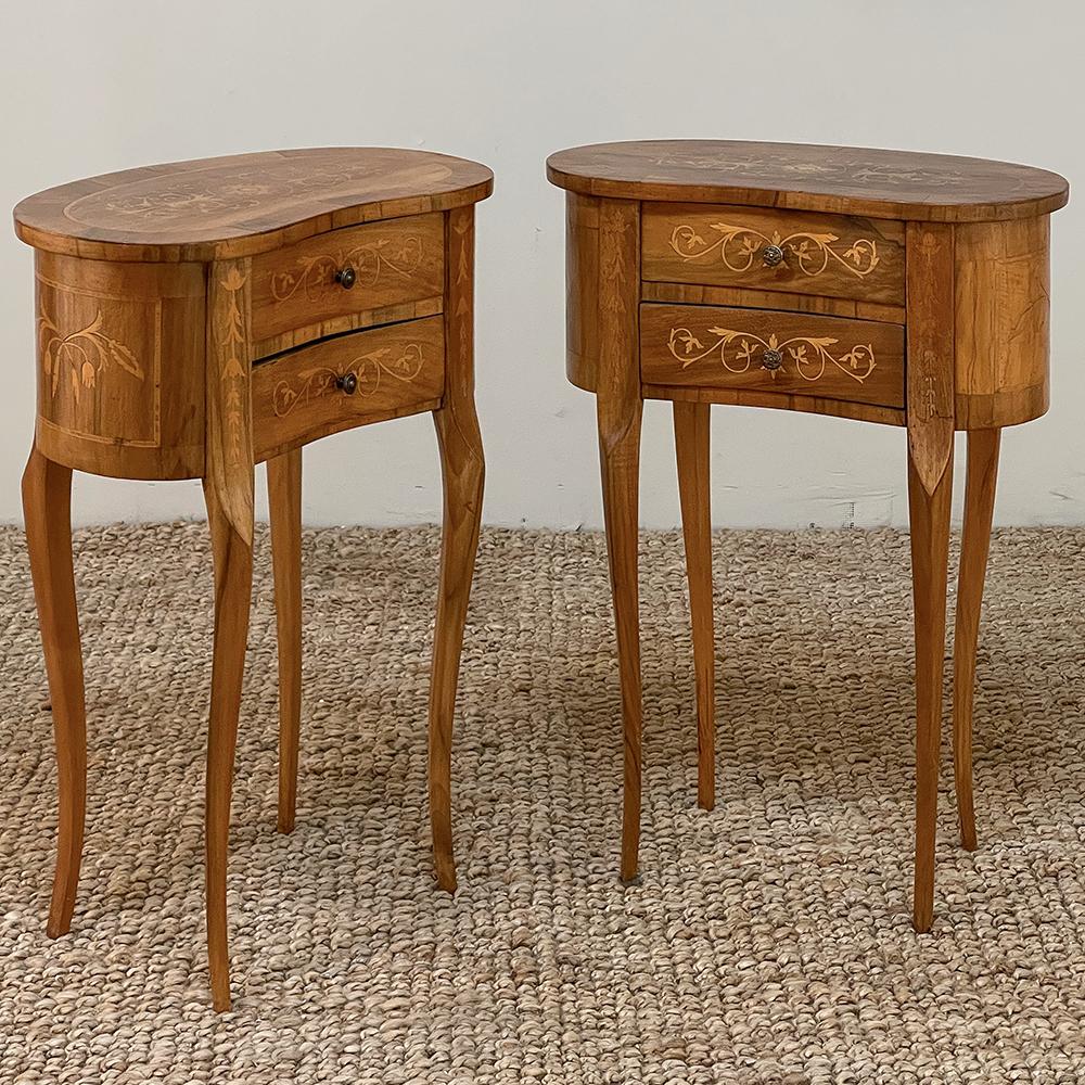 Pair Antique Italian walnut inlaid kidney-shaped end tables ~ nightstands feature a transitional neoclassical flair that combines clean lines with incredible artistry in wood, including carefully oriented veneering and artistically applied inlay