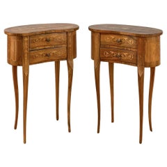 Pair Antique Italian Walnut Inlaid Kidney-Shaped End Tables, Nightstands
