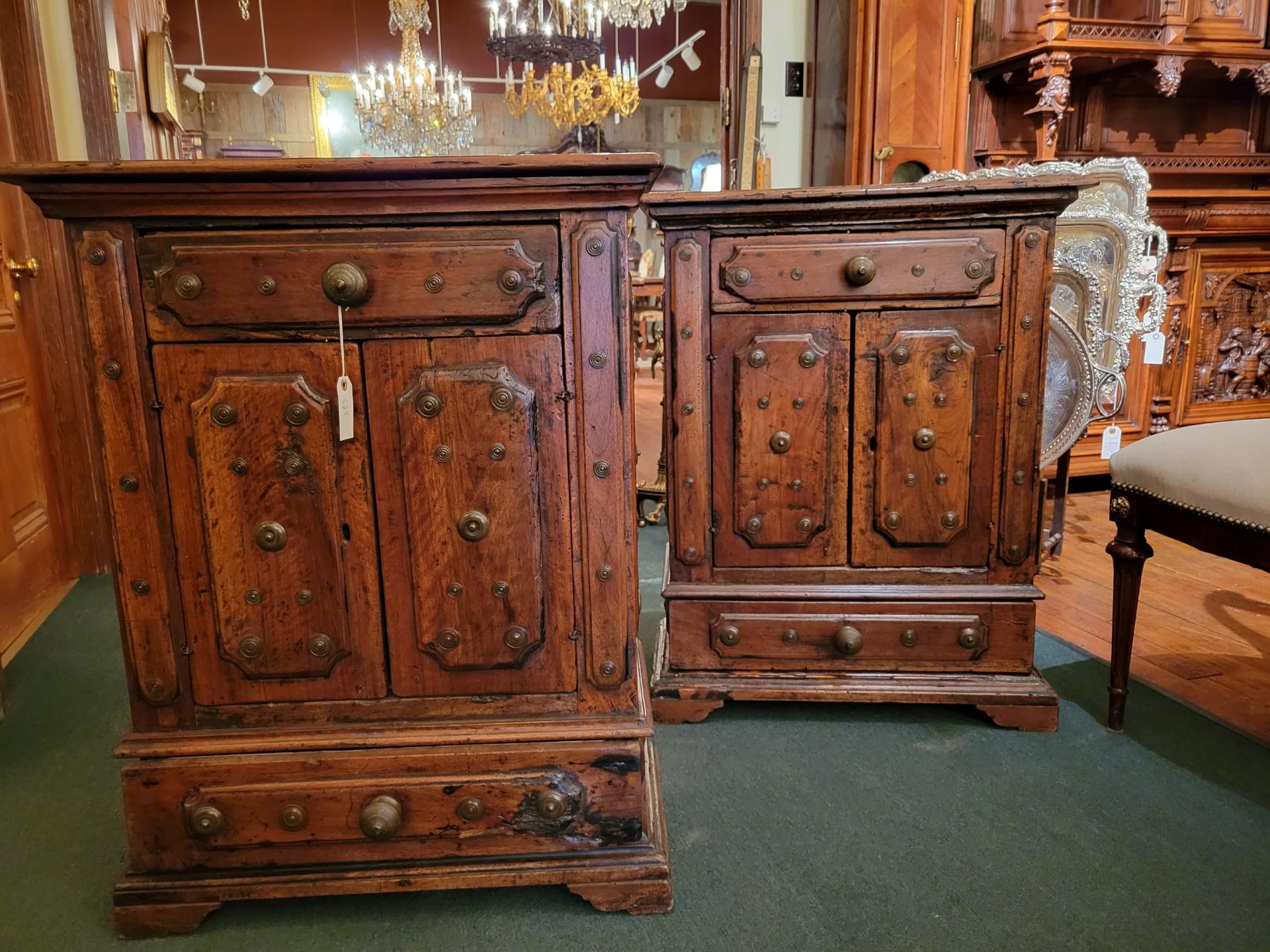 Pair Antique Italian Walnut Small Cabinets with Brass Nailheads 6