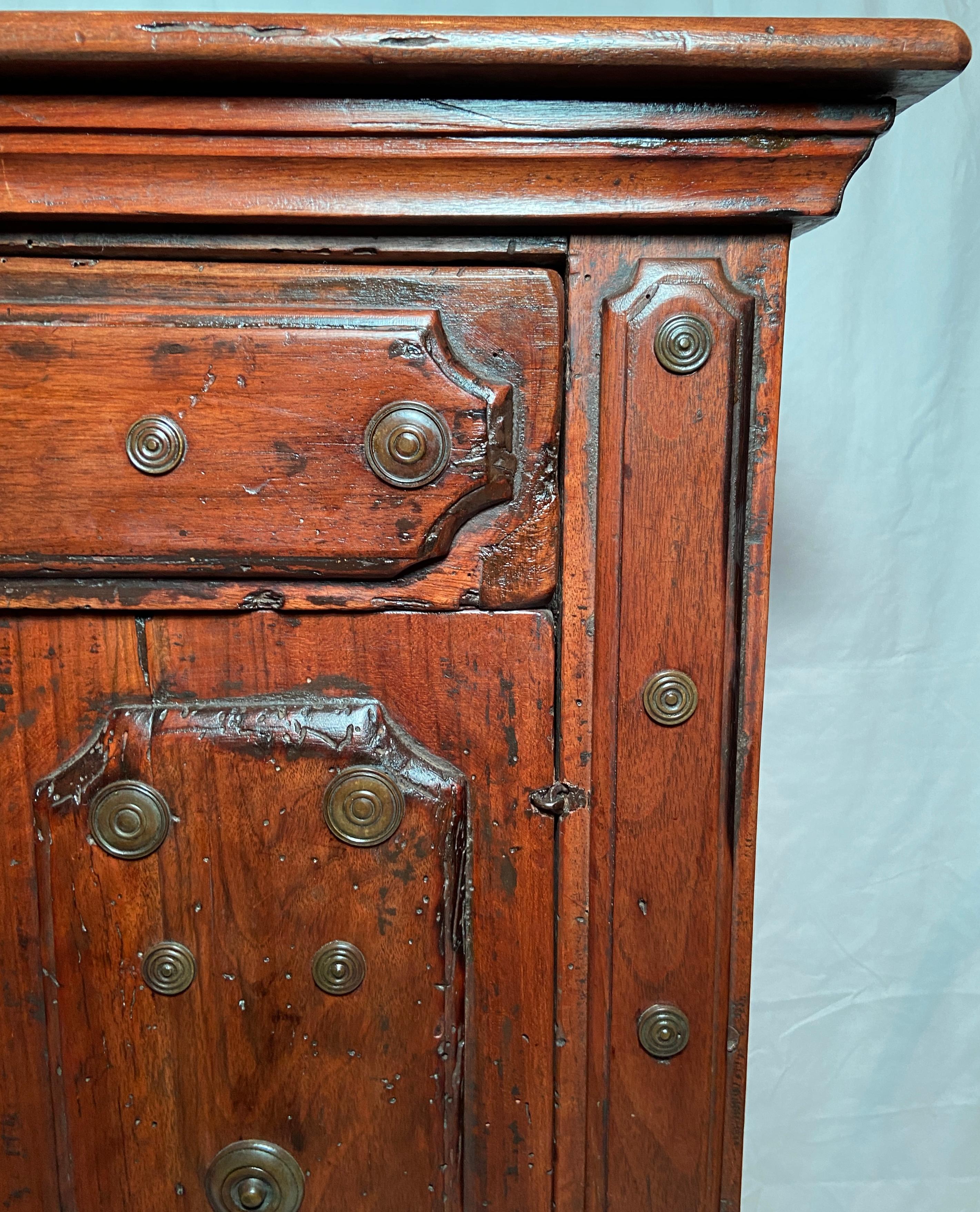 Pair Antique Italian Walnut Small Cabinets with Brass Nailheads 1