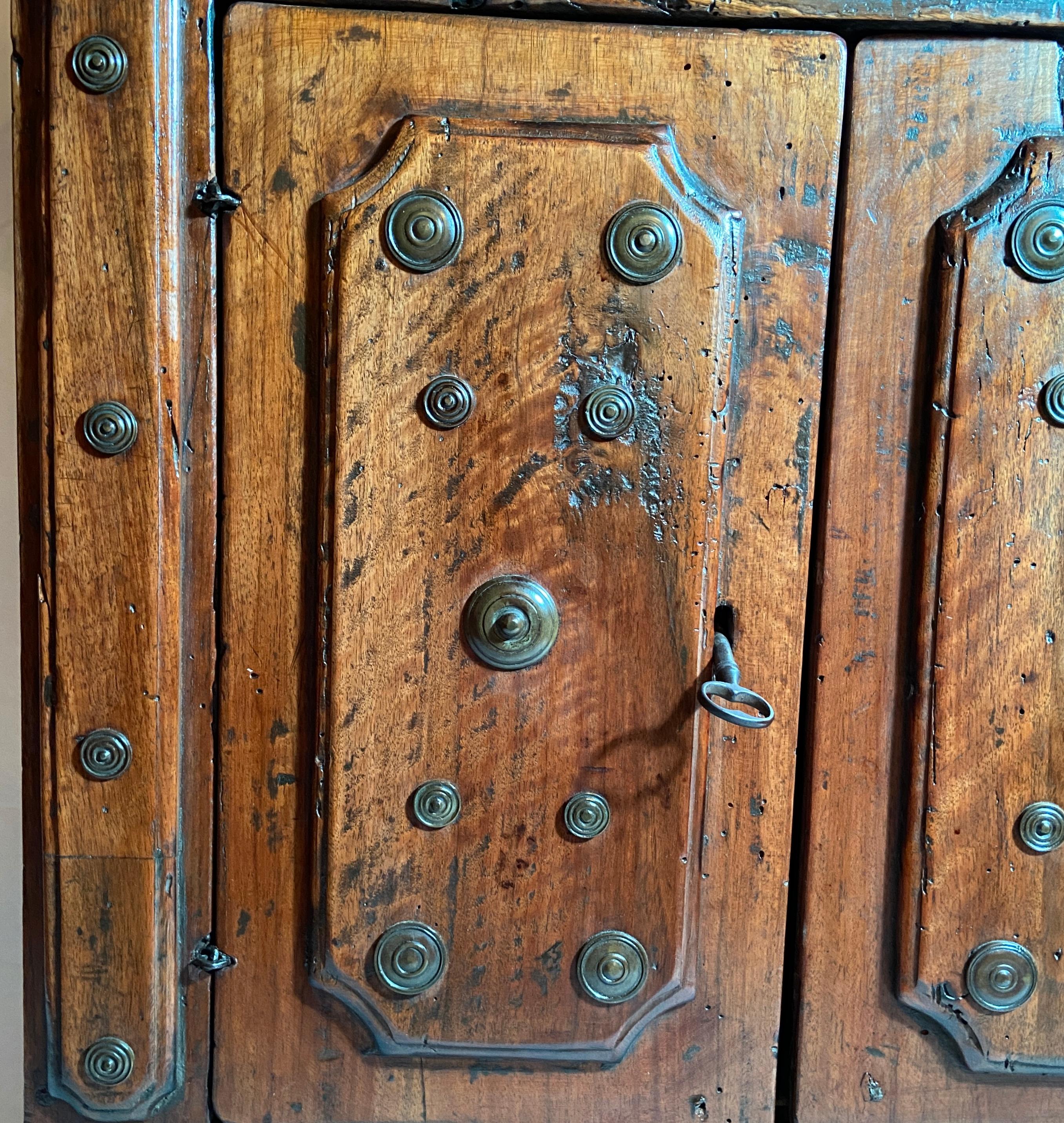 Pair Antique Italian Walnut Small Cabinets with Brass Nailheads 3