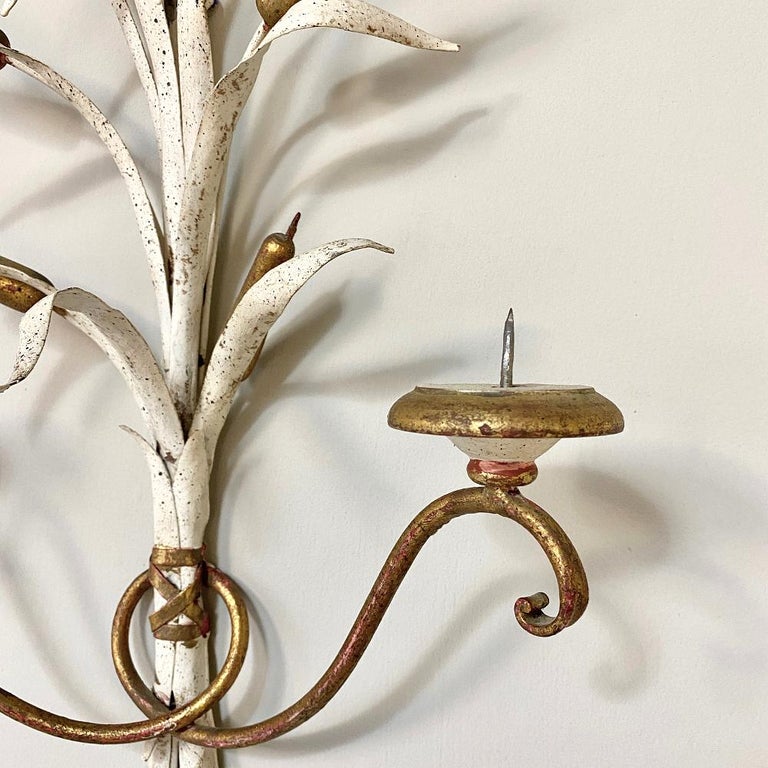 Pair of Antique Italian Wrought Iron Painted Candle Wall Sconces For
