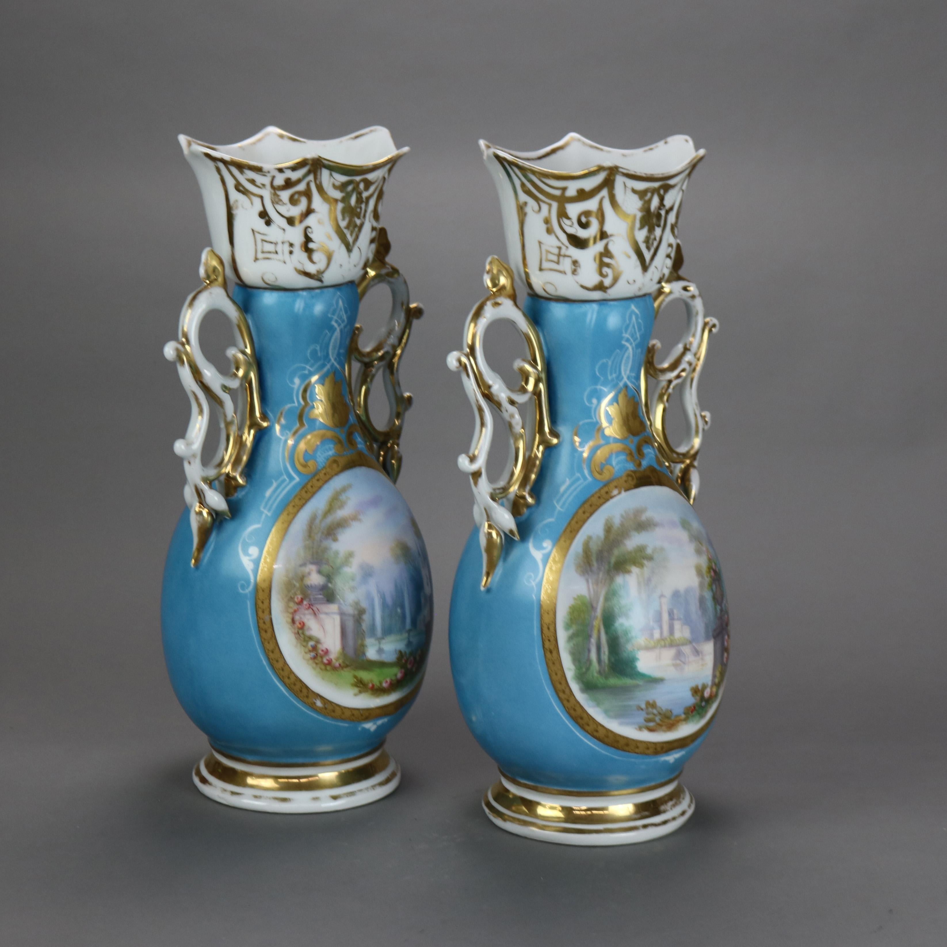 Pair of Antique Old Paris Porcelain Paneled Hand Painted & Gilt Vases in the Manner of Jacob Petit C1880

Measures- 15.75
