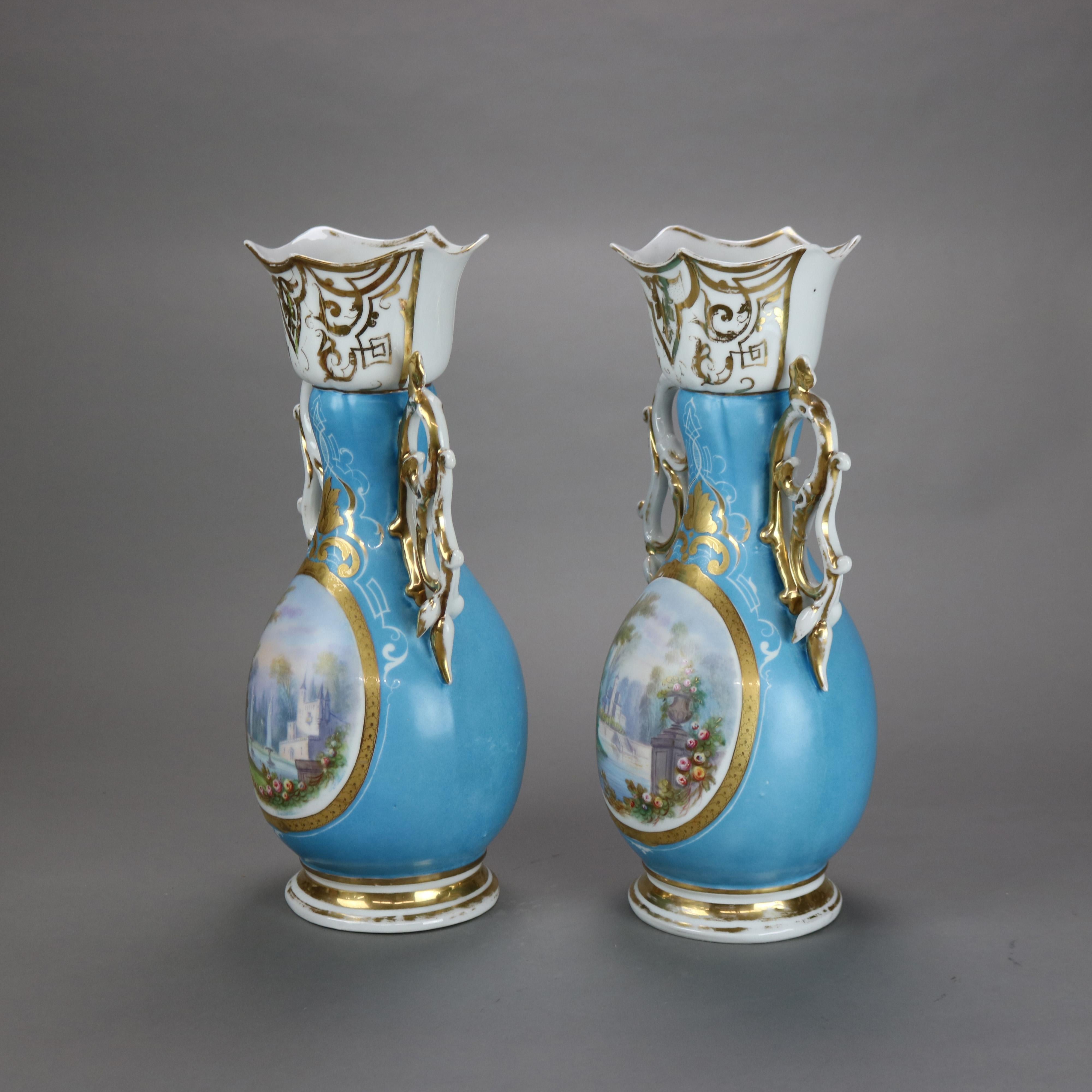 Hand-Painted Pair Antique Jacob Petit School Old Paris Porcelain Paneled Hand Painted Vases