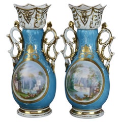 Pair Antique Jacob Petit School Old Paris Porcelain Paneled Hand Painted Vases
