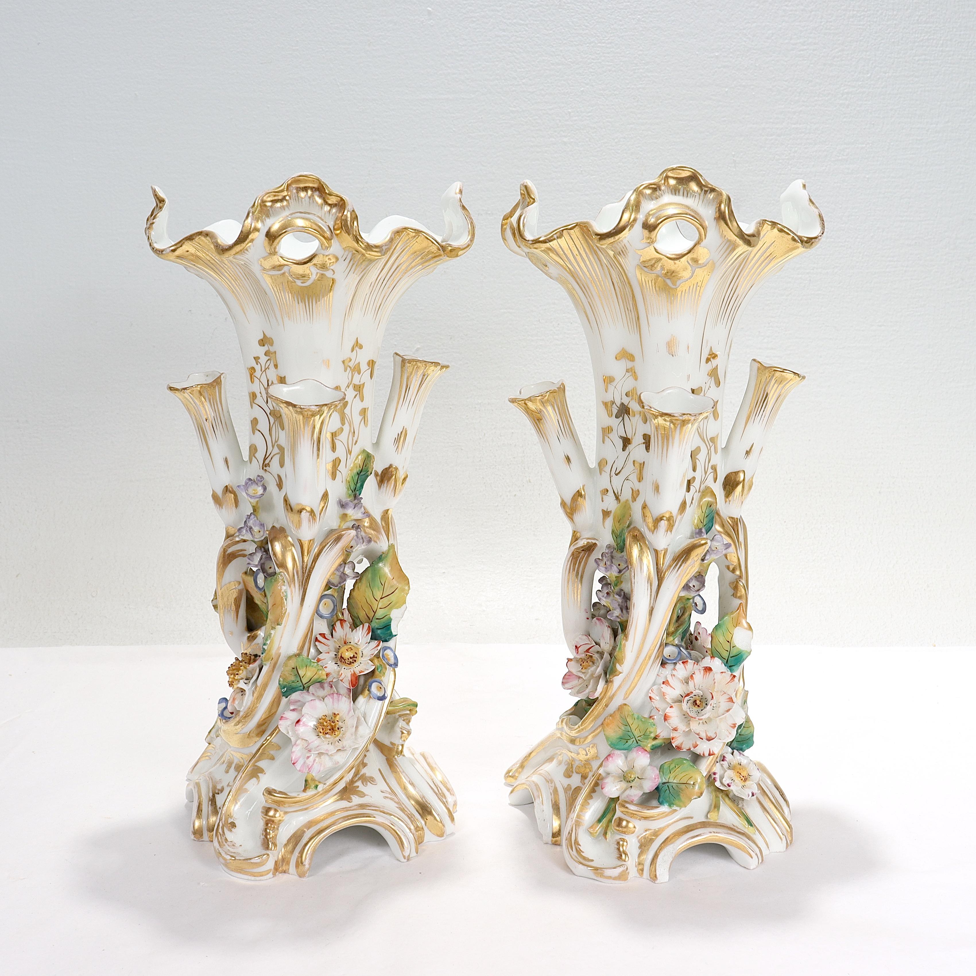 Hand-Painted Pair Antique Jacob Petit Style Old Vieux Paris Porcelain Flowers Vases For Sale