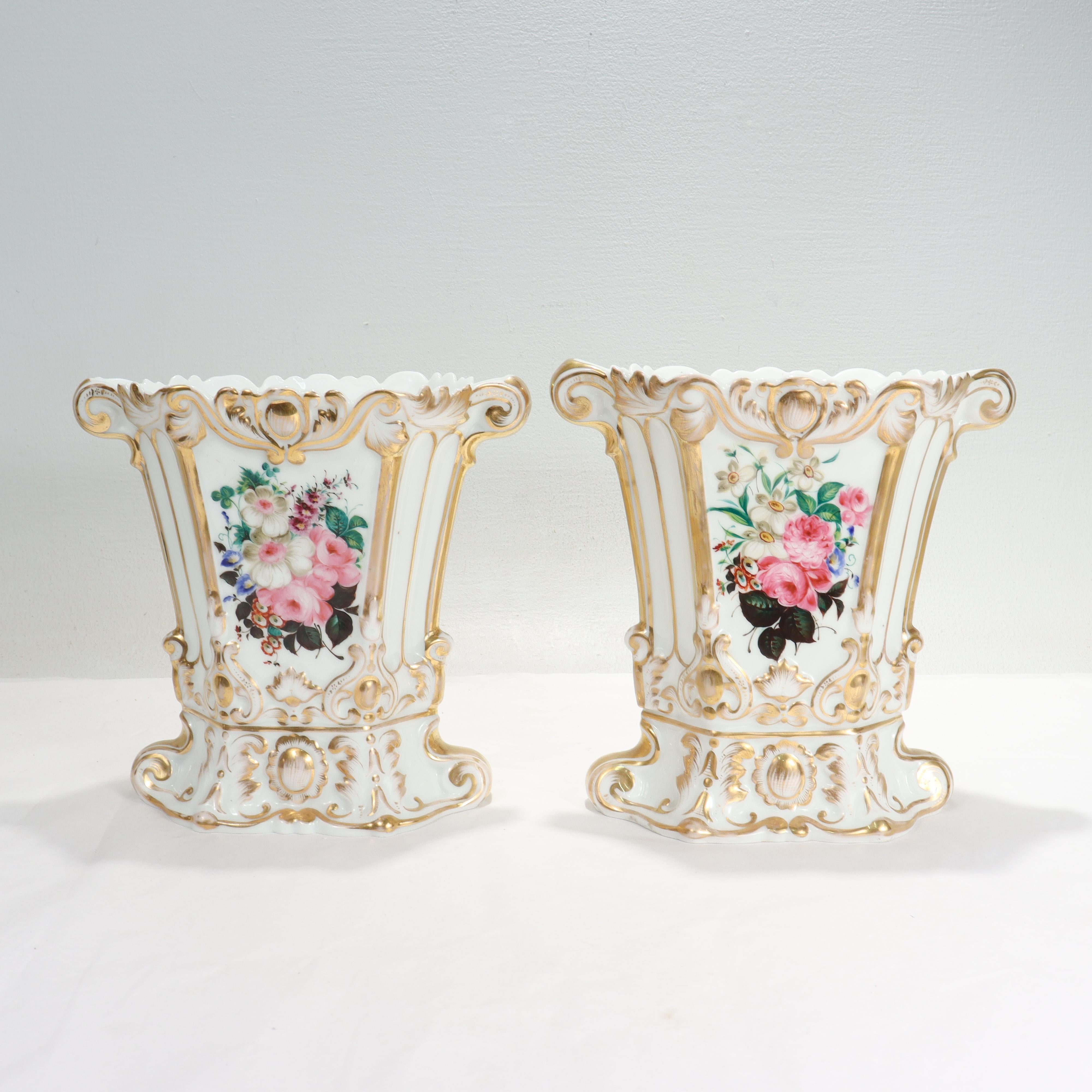 19th Century Pair Antique Jacob Petit Style Old Vieux Paris Porcelain Flowers Vases For Sale
