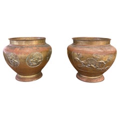 Paire de jardinières japonaises anciennes de style Art nouveau avec motifs floraux en laiton