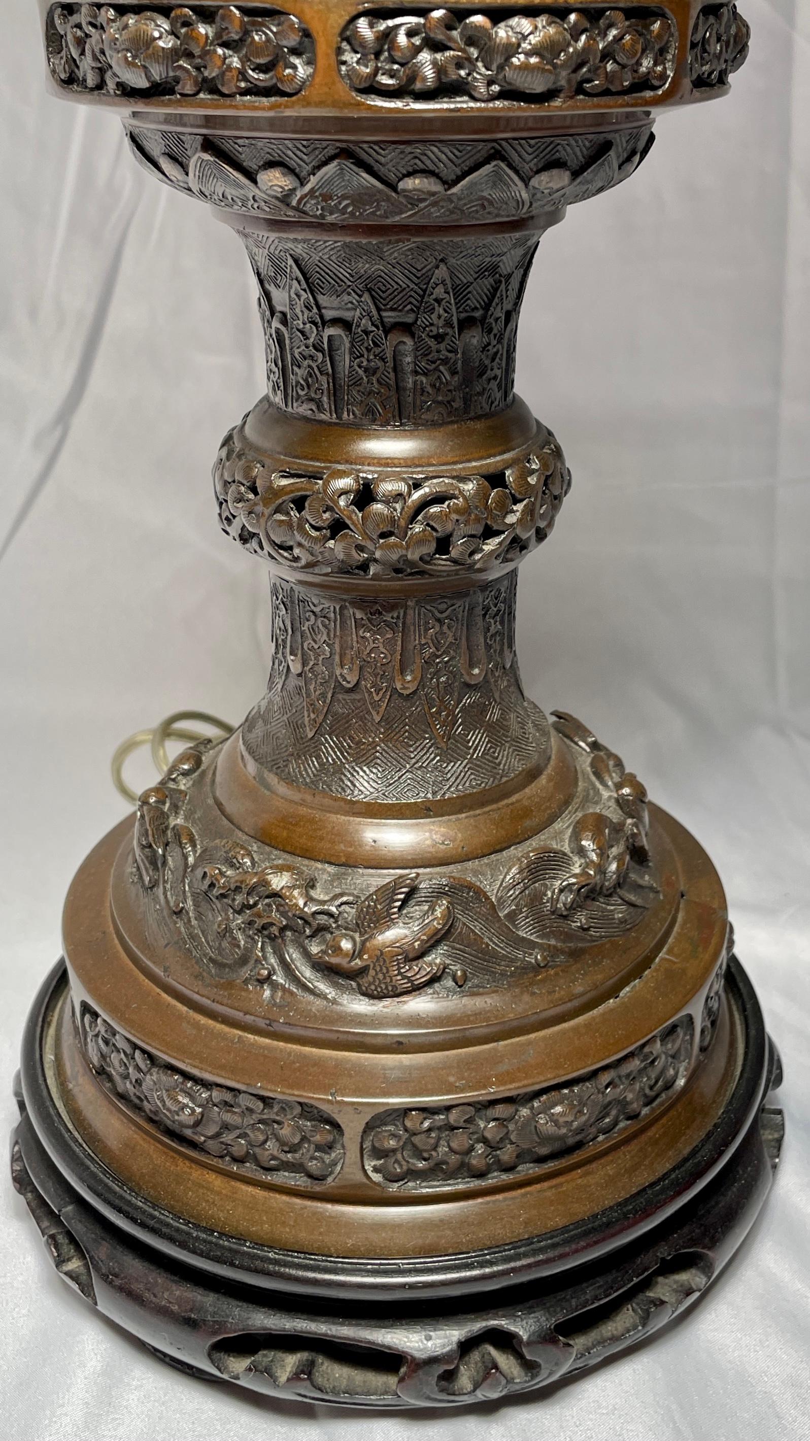 Pair Antique Japanese Bronze Censers Made in Lamps For Sale 1