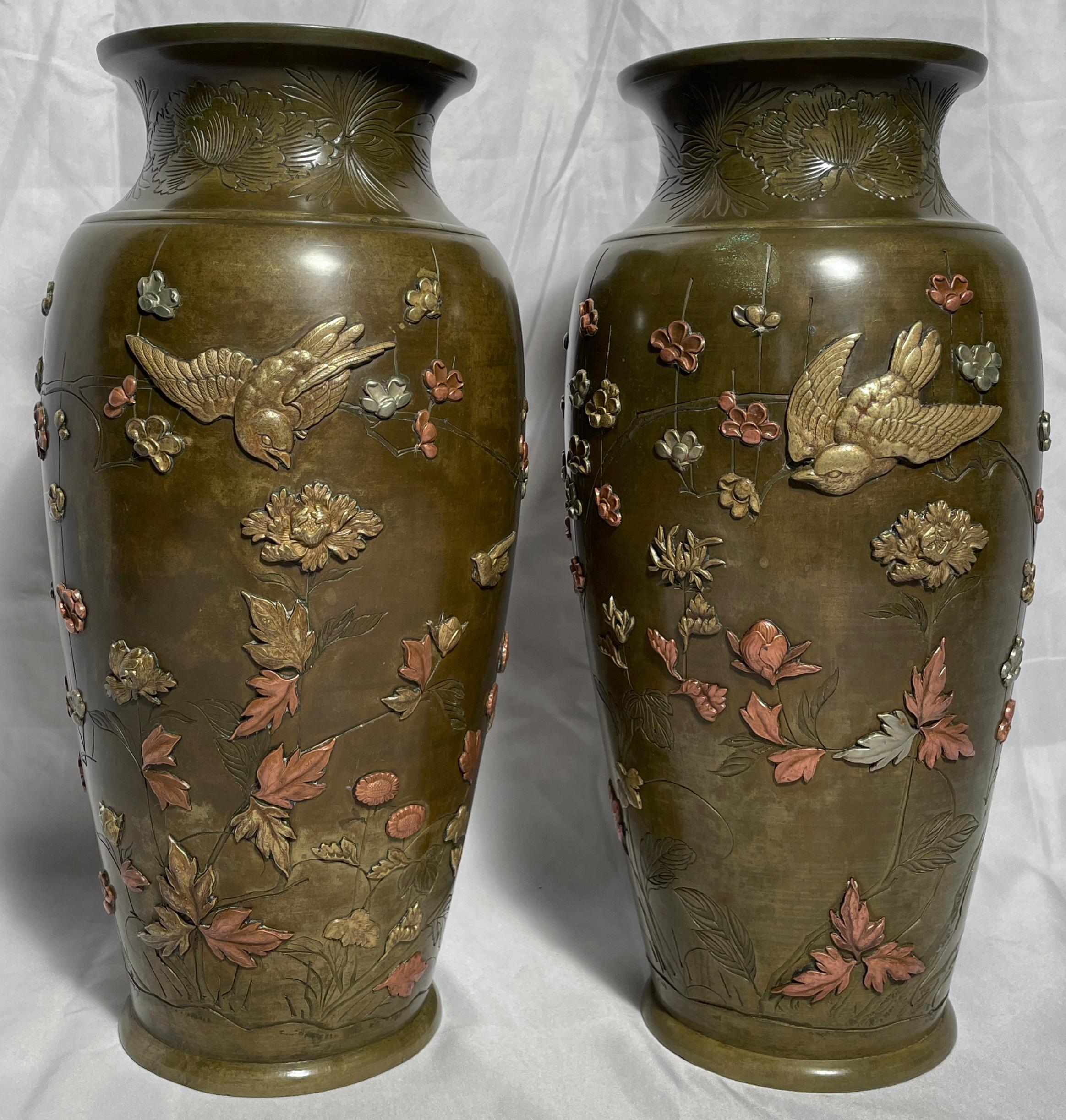 Pair antique Japanese bronze vases, circa 1875-1895.