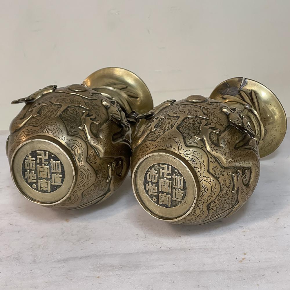 Pair Antique Japanese Bronze Vases on Wood Stands For Sale 12