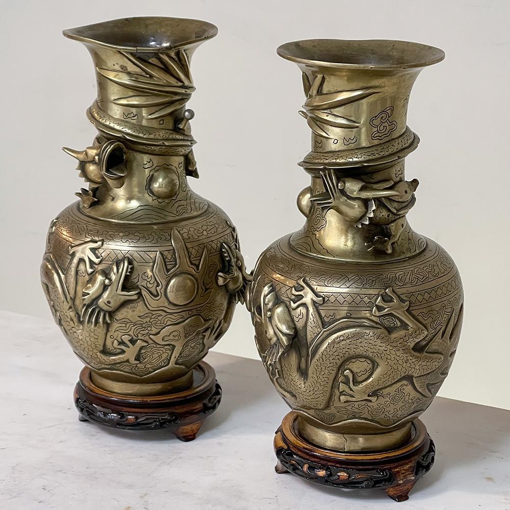 Hand-Crafted Pair Antique Japanese Bronze Vases on Wood Stands For Sale