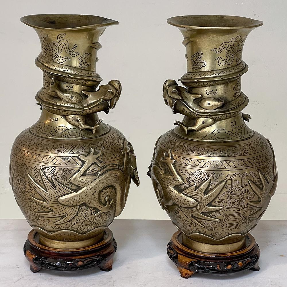 Pair Antique Japanese Bronze Vases on Wood Stands For Sale 1