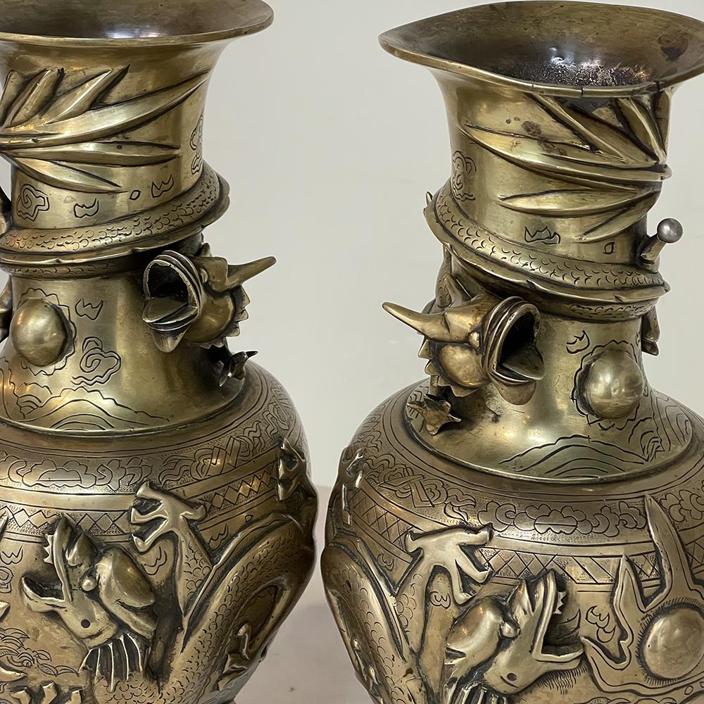 Pair Antique Japanese Bronze Vases on Wood Stands For Sale 2