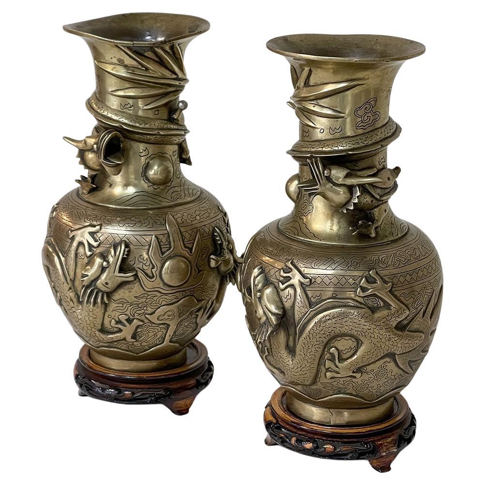 Pair Antique Japanese Bronze Vases on Wood Stands For Sale