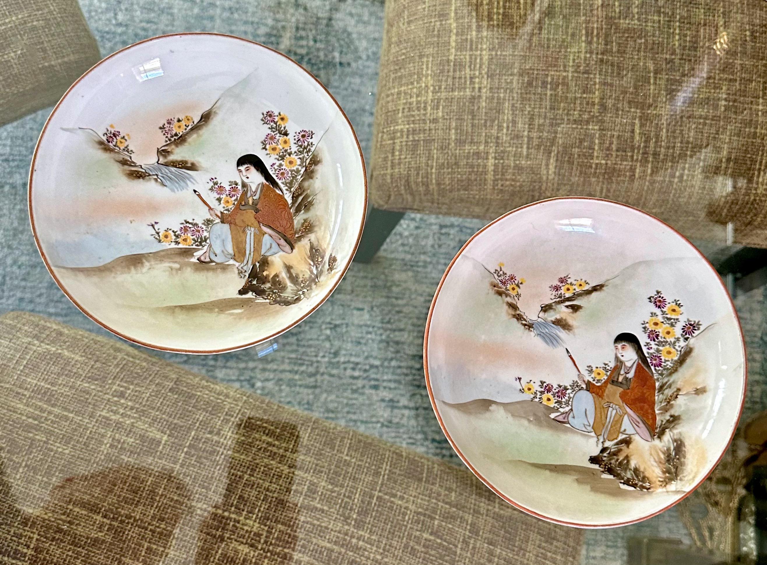 Pair Antique Japanese Early Meiji Porcelain Figural Bowls In Good Condition For Sale In Palm Springs, CA