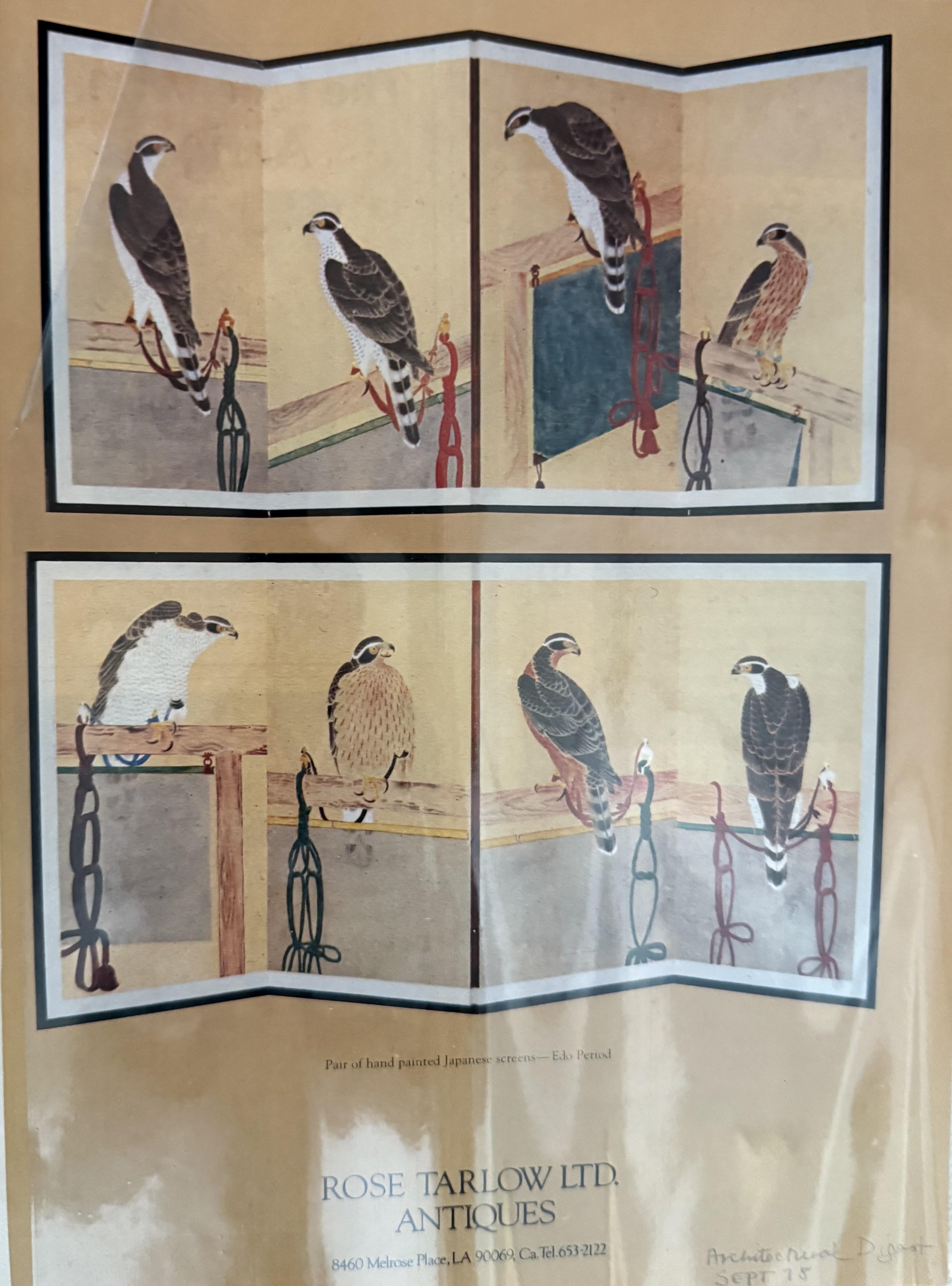 Coppia di antichi paraventi giapponesi Edo Falcon Hawk Birds of Prey Takagari 1880 in vendita 13