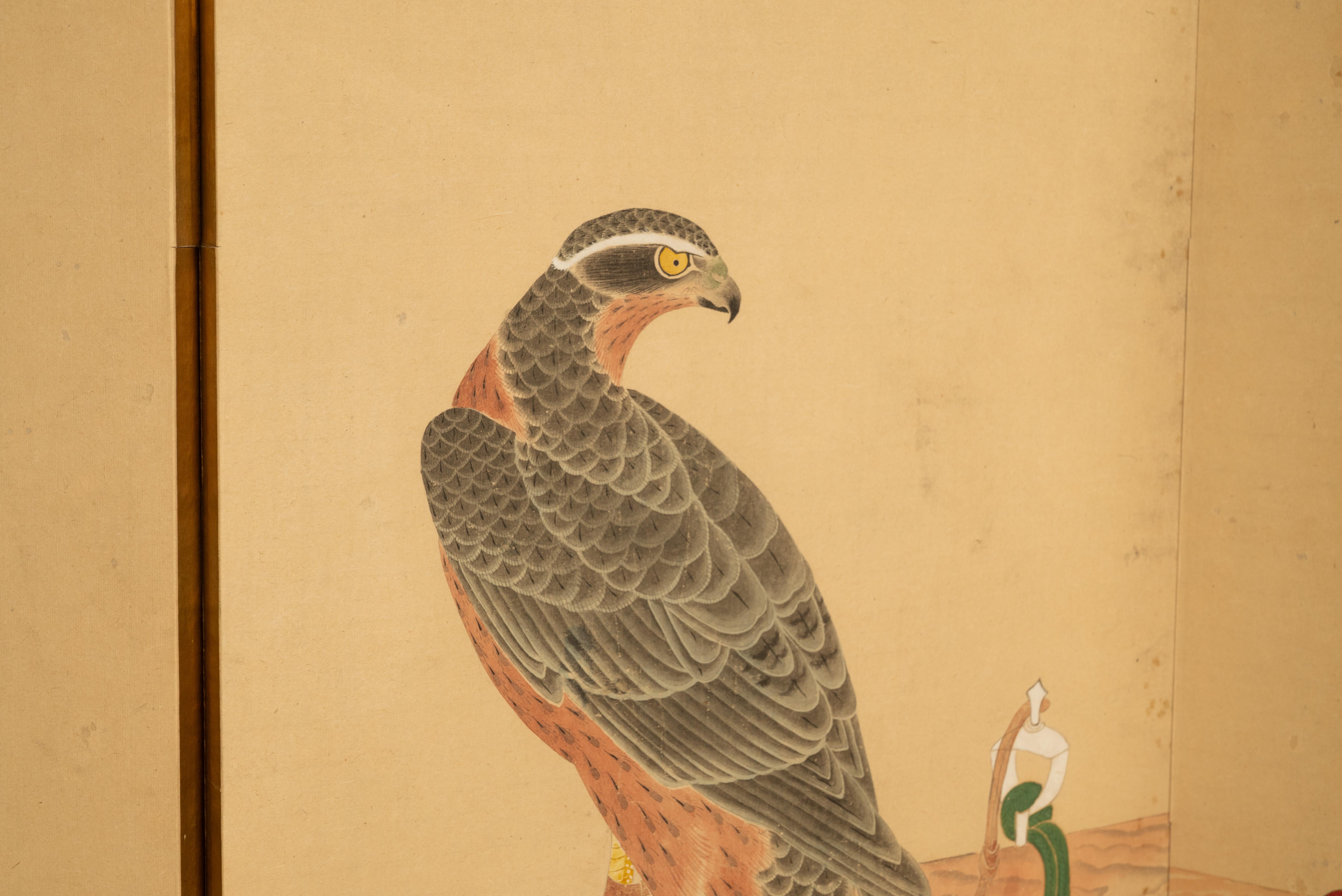Coppia di antichi paraventi giapponesi Edo Falcon Hawk Birds of Prey Takagari 1880 in vendita 6