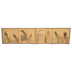 Pair Antique Japanese Edo Falcon Hawk Birds of Prey Takagari Screens 1880