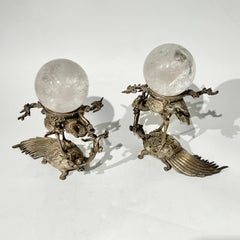 Pair Antique Japanese Heron and Turtle Silvered Bronze Rock Crystal Balls Stands