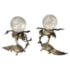 Pair Antique Japanese Heron and Turtle Silvered Bronze Rock Crystal Balls Stands