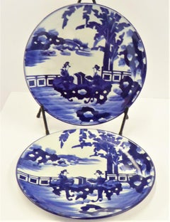 Pair of Antique Japanese Imari Blue White Chargers with Geishas at Lake Side