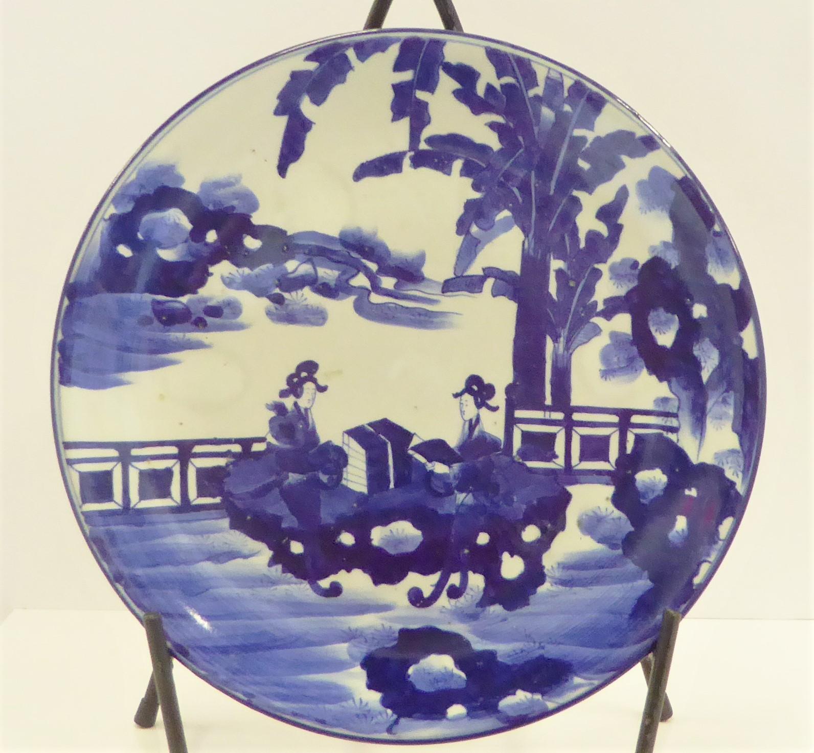 Japonisme Pair of Antique Japanese Imari Blue White Chargers with Geishas at Lake Side For Sale