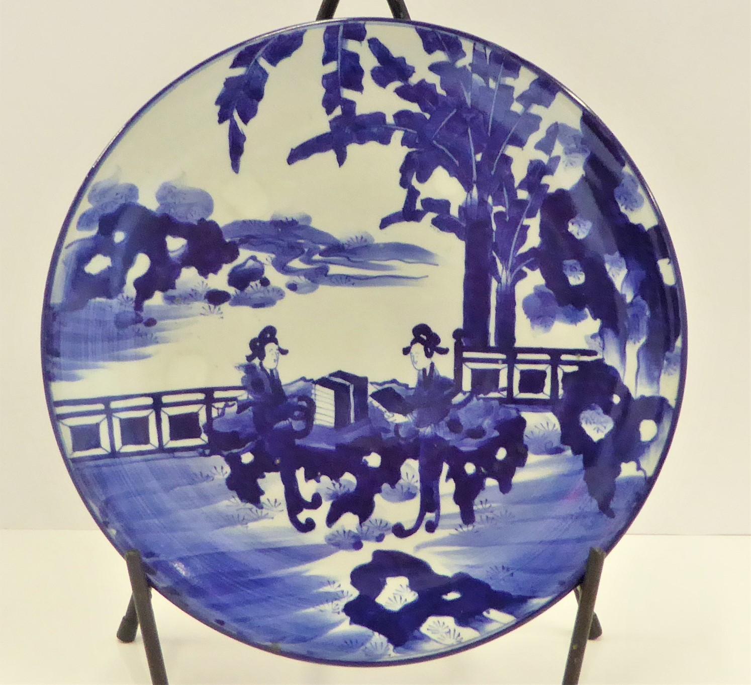 Late 19th Century Pair of Antique Japanese Imari Blue White Chargers with Geishas at Lake Side For Sale