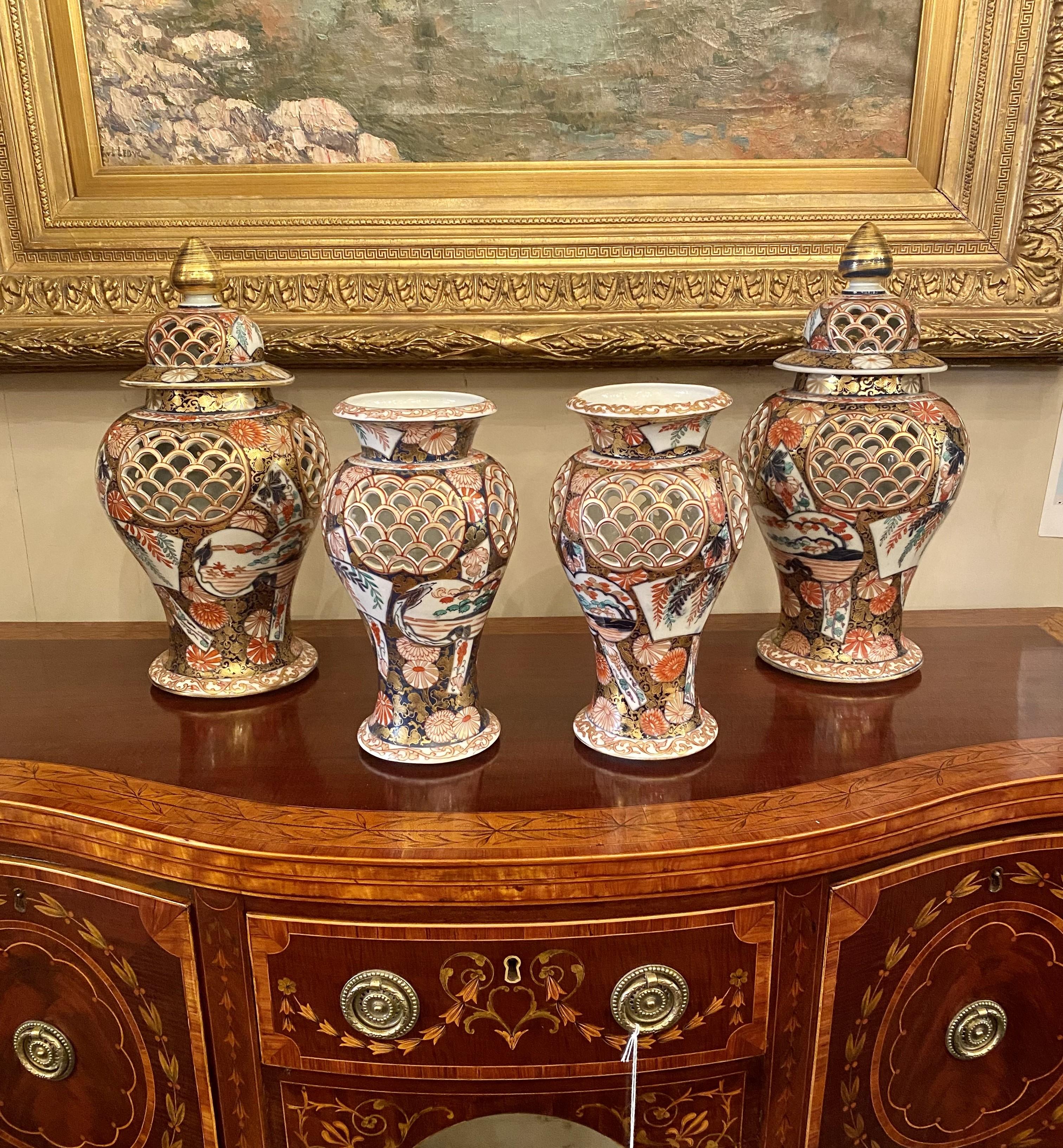 Pair Antique Japanese Imari Porcelain Vases with Reticulated Pierce Work Ca 1880 For Sale 8