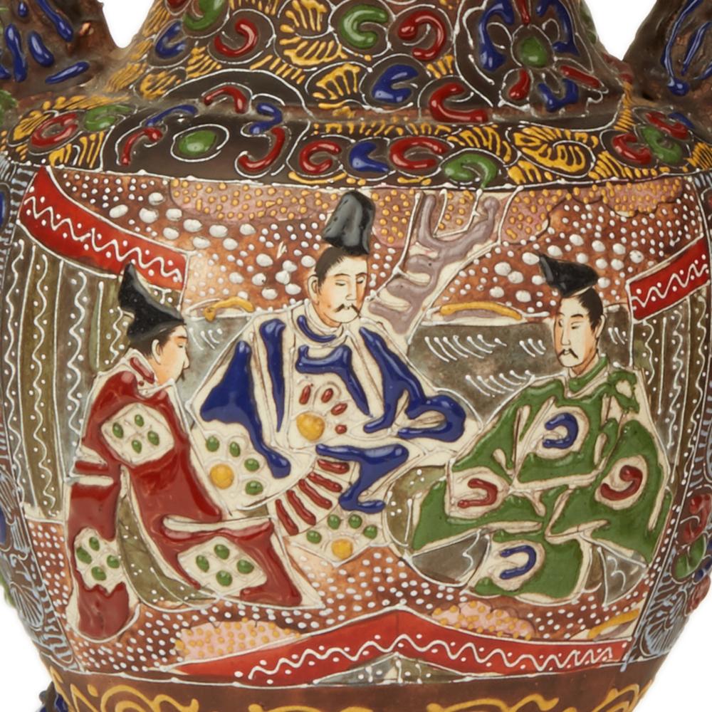 20th Century Pair of Antique Japanese Satsuma Meiji Moriage Lidded Pottery Koros Circa 1920