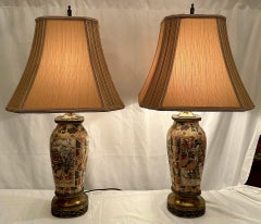 Pair Antique Japanese Satsuma Porcelain Lamps and Shades, Circa 1890-1900.