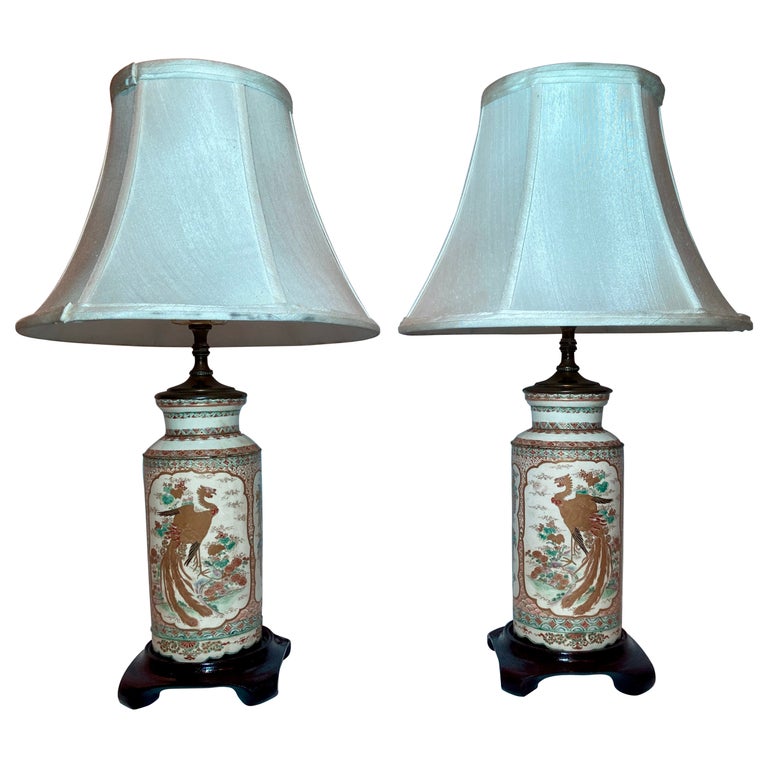 Pair Antique Japanese Satsuma Porcelain Lamps, Circa 1890-1910 For