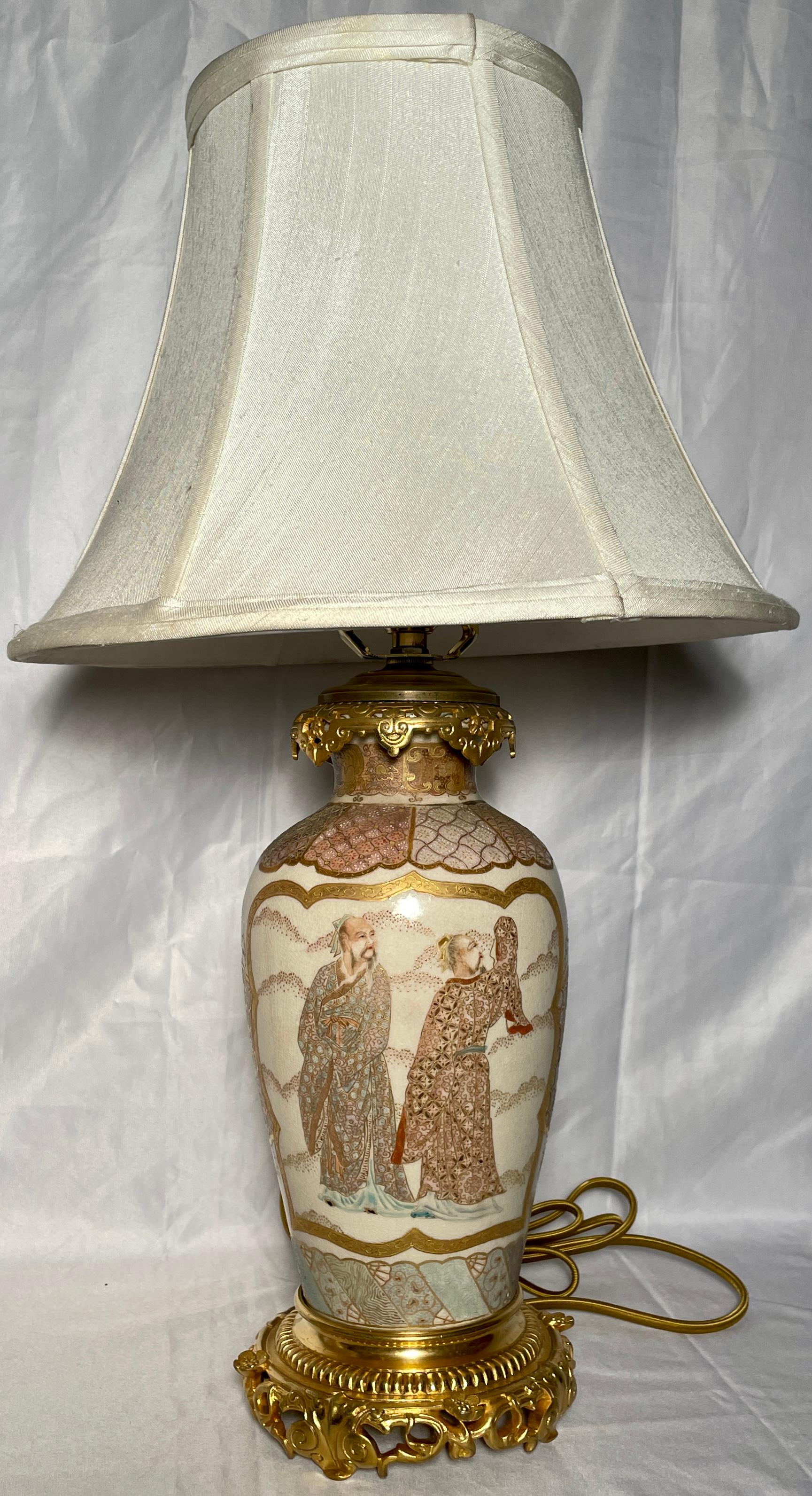 Pair antique exceptional quality Japanese Satsuma porcelain lamps with ormolu mounts, circa 1890.