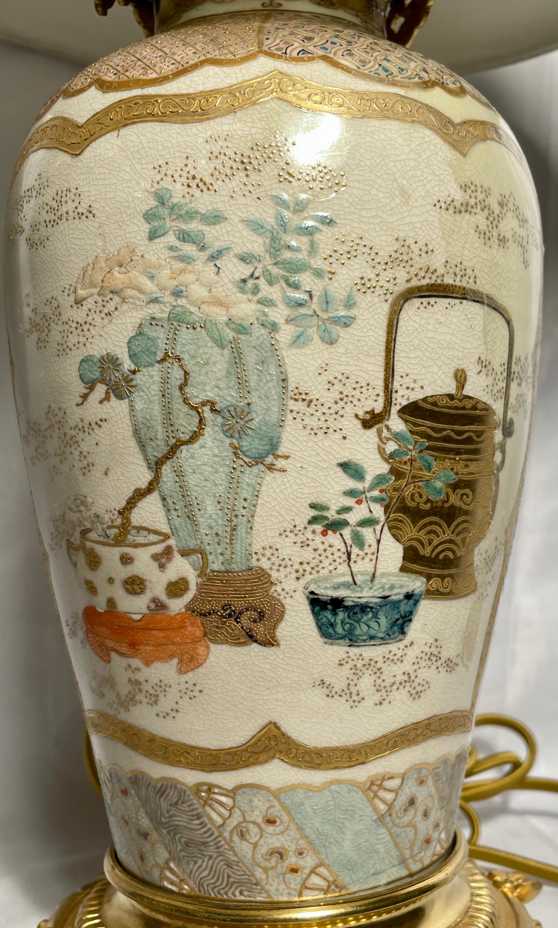 19th Century Pair Antique Japanese Satsuma Porcelain Lamps with Ormolu Mounts, Circa 1890 For Sale