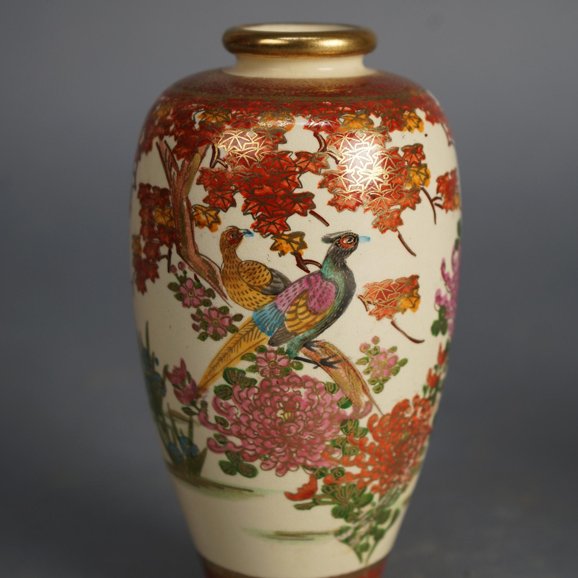 Hand-Painted Pair Antique Japanese Satsuma Porcelain Vases, Genre & Garden Scenes, C1920 For Sale