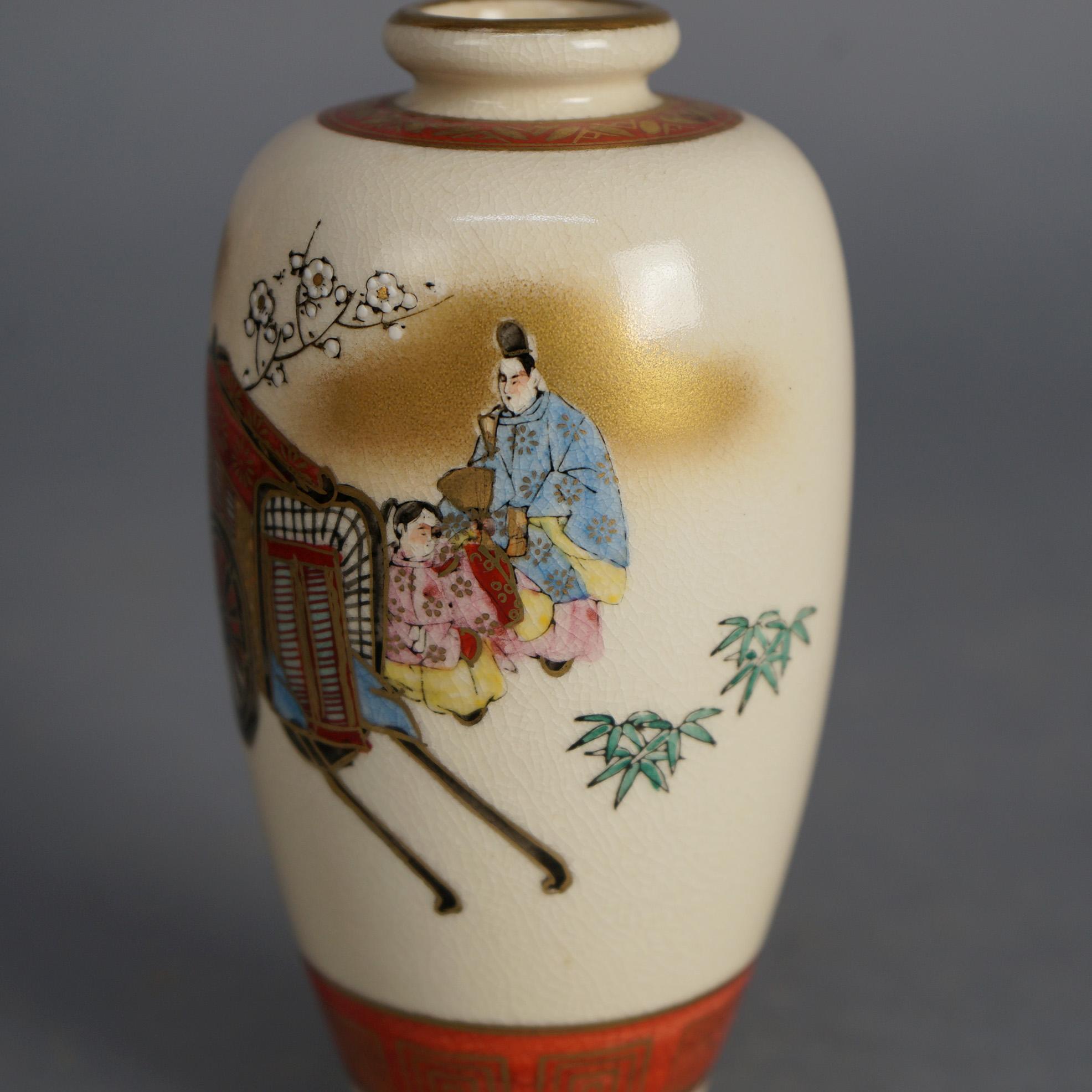 Pair Antique Japanese Satsuma Porcelain Vases, Genre & Garden Scenes, C1920 For Sale 1