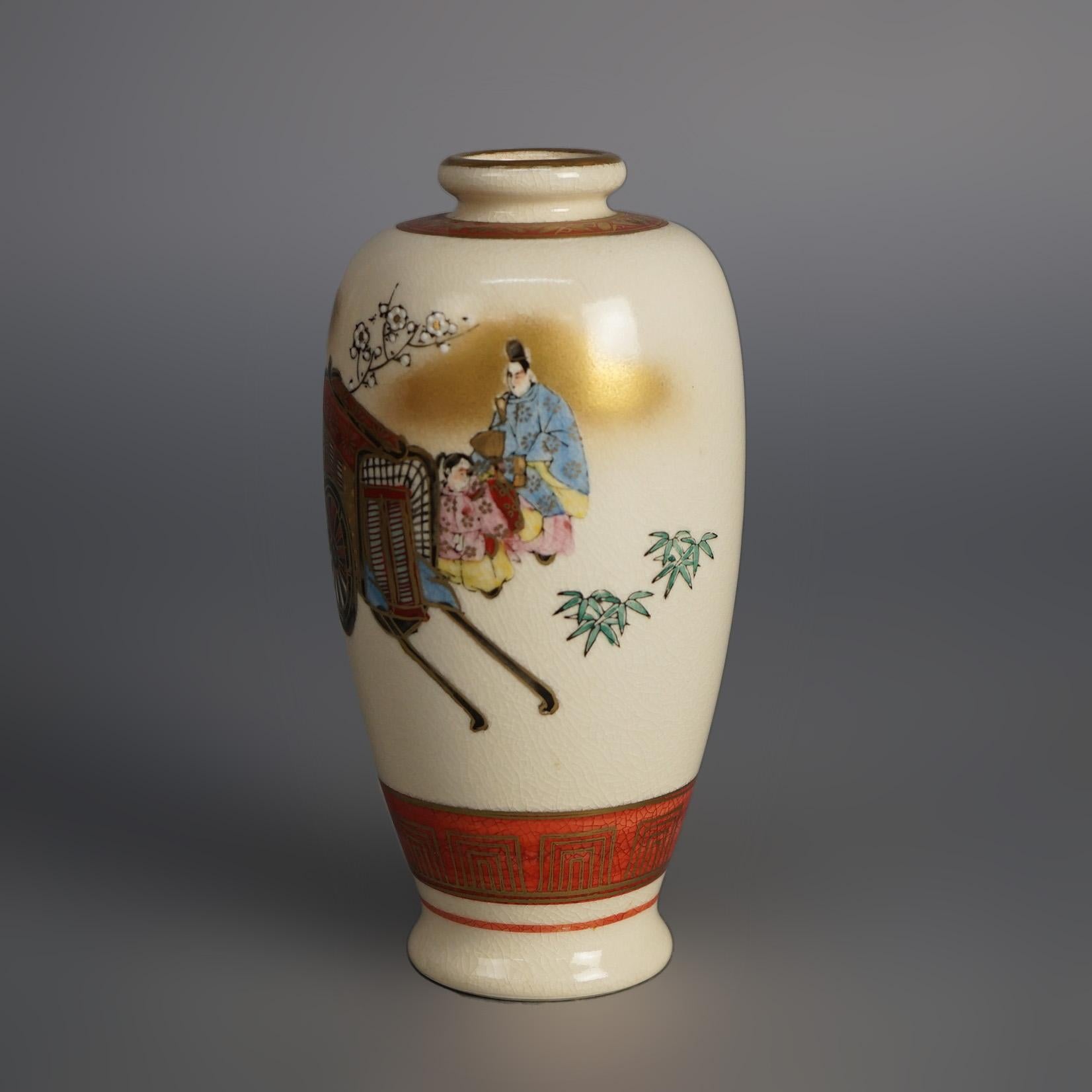 Pair Antique Japanese Satsuma Porcelain Vases, Genre & Garden Scenes, C1920 For Sale 2