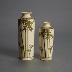 Pair Antique Japanese Satsuma Pottery Vases with Bamboo & Gilt Decoration C1920