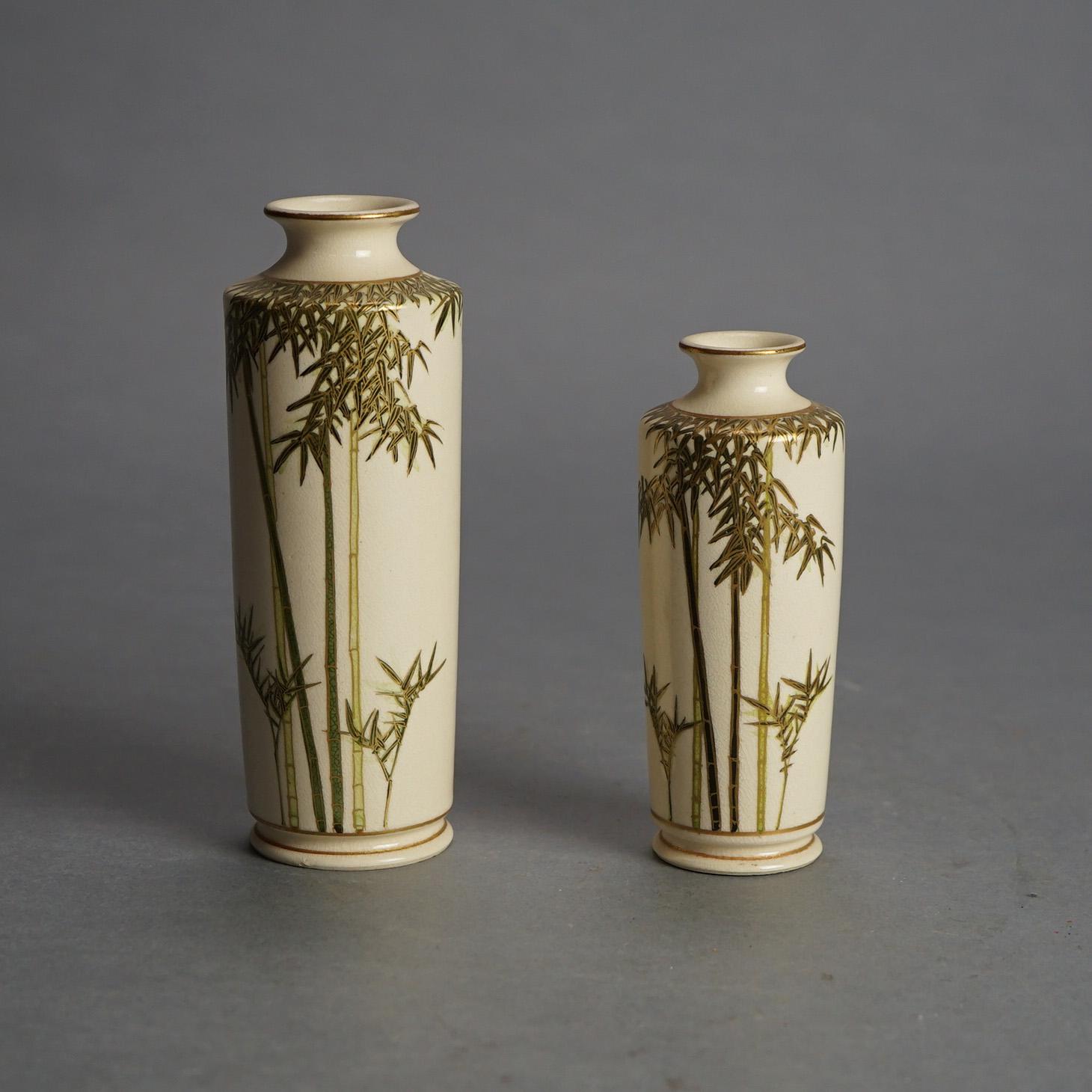 Asian Pair Antique Japanese Satsuma Pottery Vases with Bamboo & Gilt Decoration C1920 For Sale