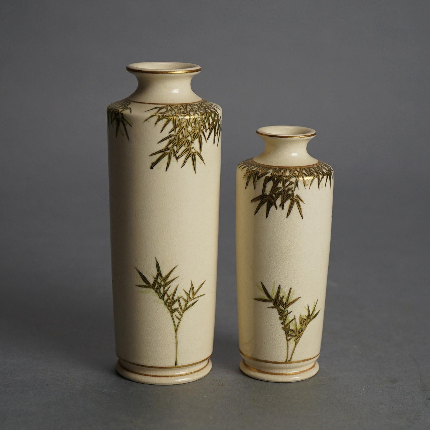 Pair Antique Japanese Satsuma Pottery Vases with Bamboo & Gilt Decoration C1920 In Good Condition For Sale In Big Flats, NY