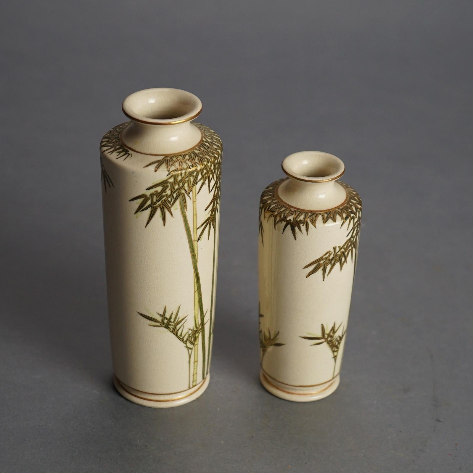 20th Century Pair Antique Japanese Satsuma Pottery Vases with Bamboo & Gilt Decoration C1920 For Sale