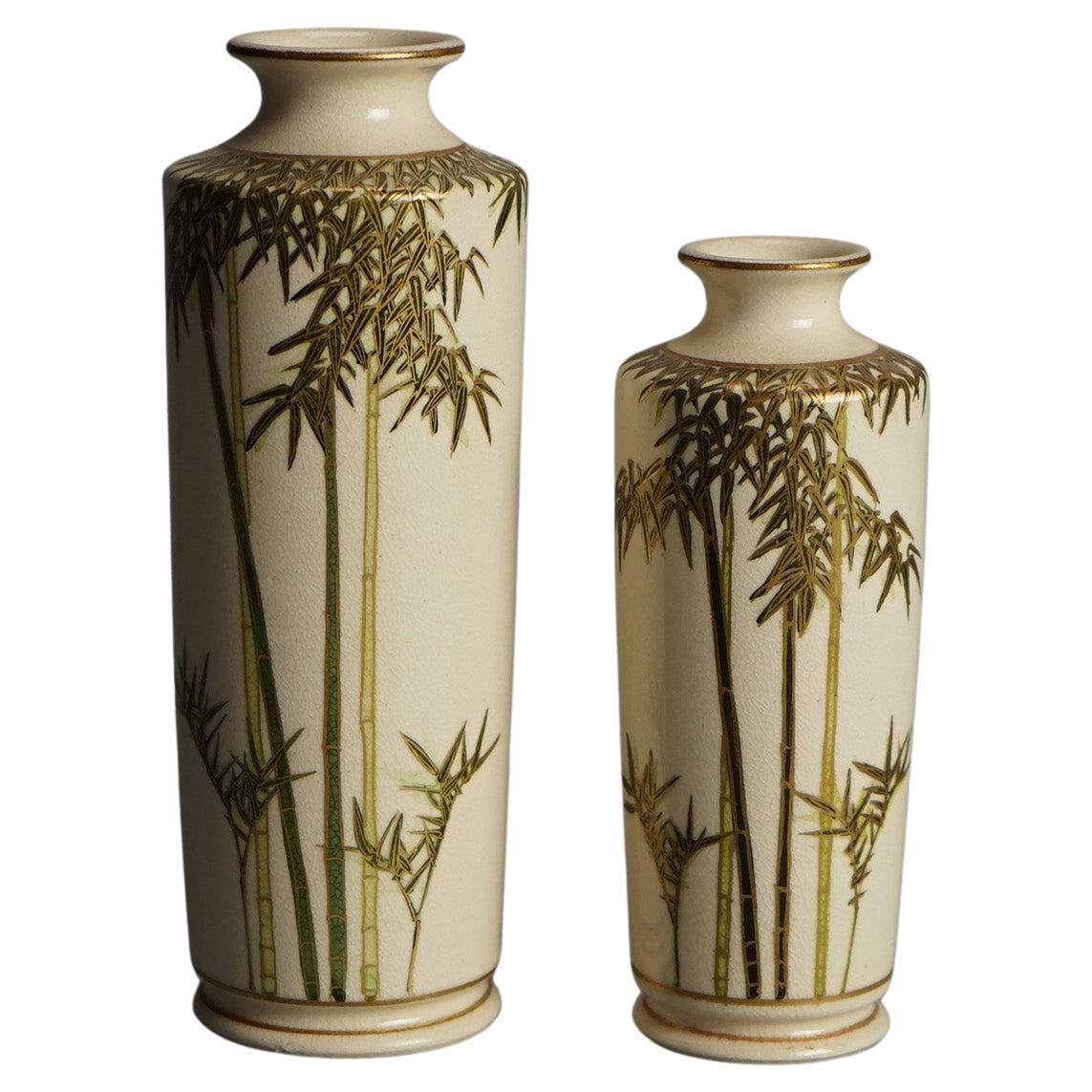 Pair Antique Japanese Satsuma Pottery Vases with Bamboo & Gilt Decoration C1920 For Sale