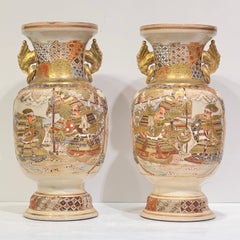 Pair Antique Japanese Satsuma Vases Depicting Samurai
