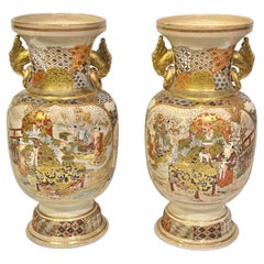 Pair Antique Japanese Satsuma Vases Depicting Samurai