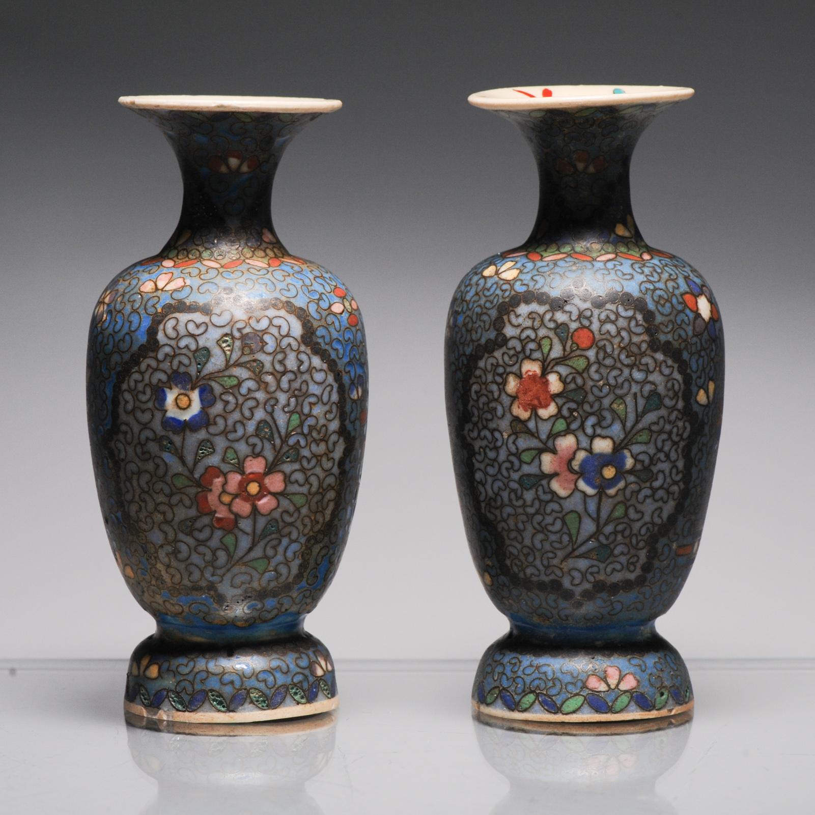 Porcelain Pair Antique Japanese Totai Shippo Cloisonné on Satsuma Vases Japanese 19th C For Sale