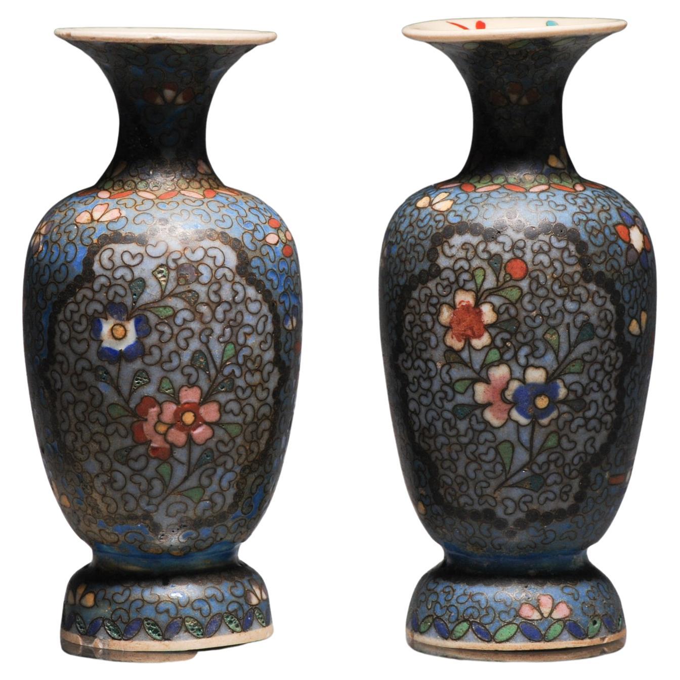Pair Antique Japanese Totai Shippo Cloisonné on Satsuma Vases Japanese 19th C For Sale