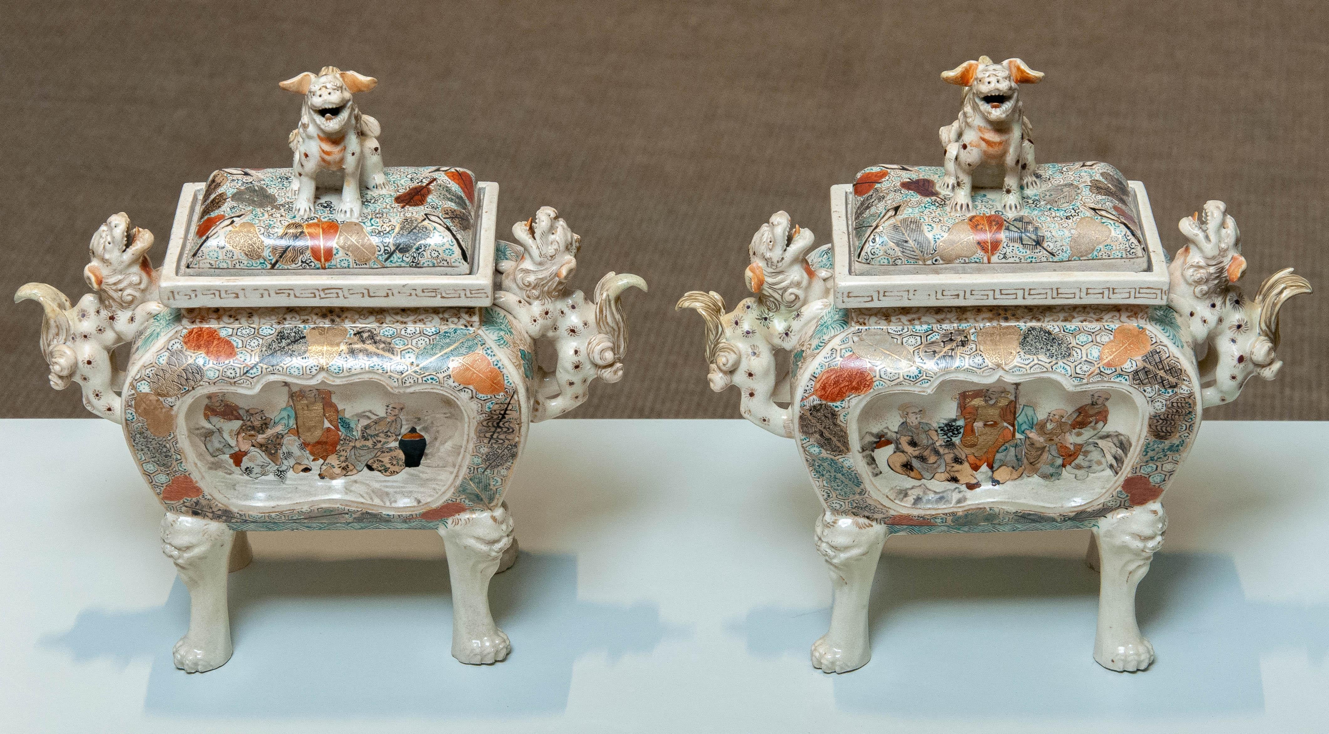 Meiji Pair Qing Dinasty Antique Chinese Foo Dogs Protected Ceramic 