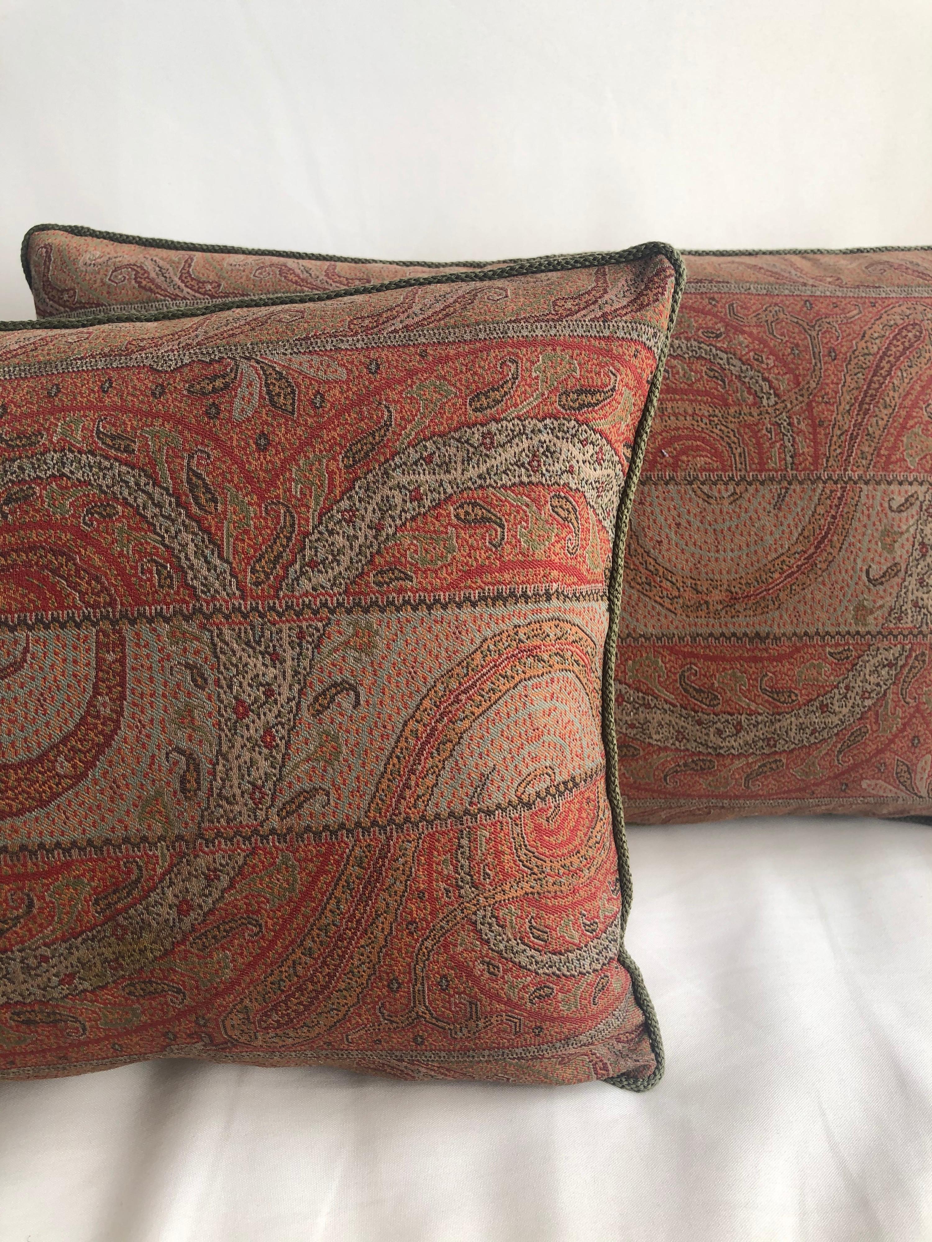 Anglo Raj Pair of Antique Kashmir Paisley Lumbar Decorative Pillows with Green Rope Trim