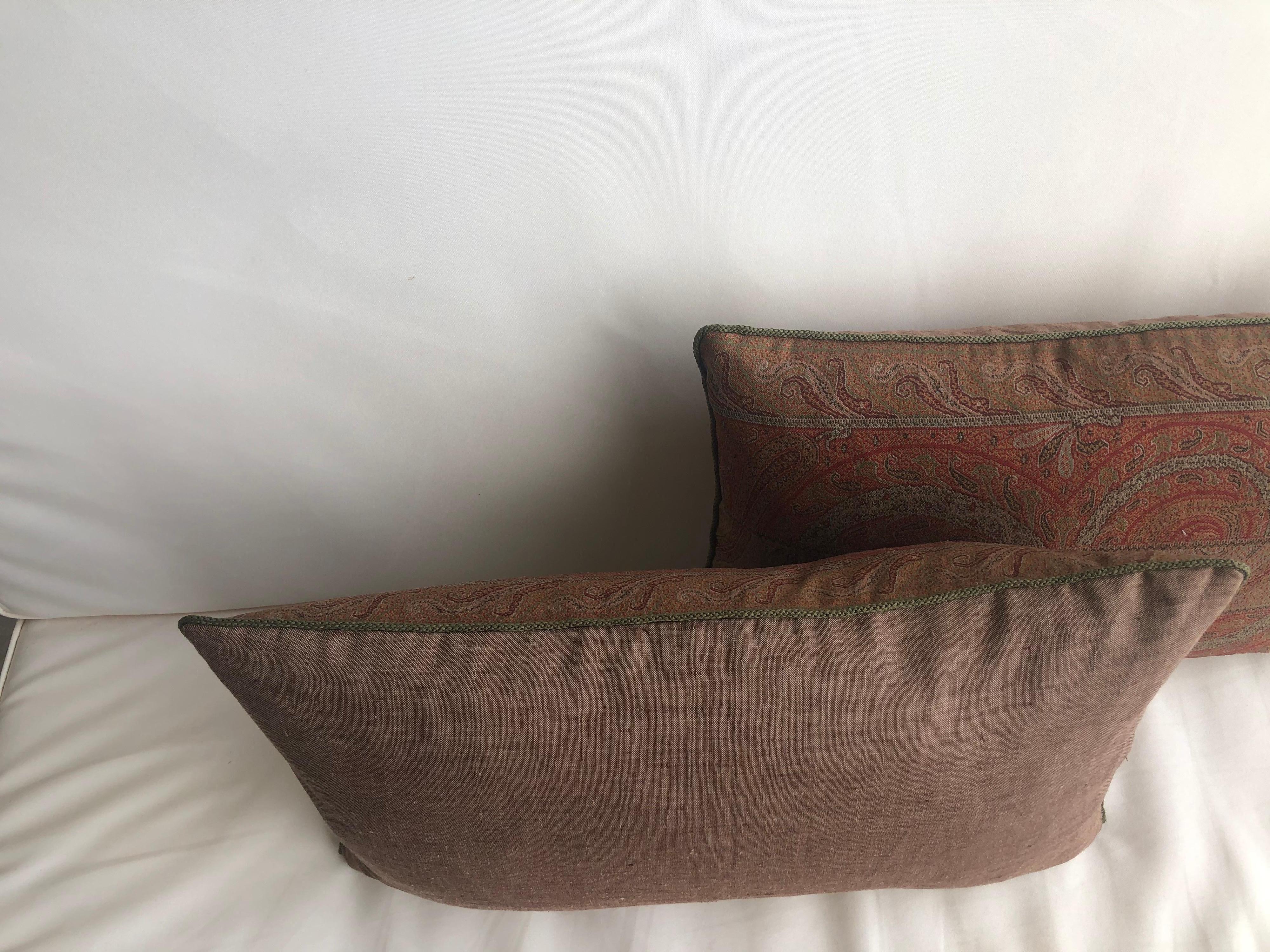 Hand-Crafted Pair of Antique Kashmir Paisley Lumbar Decorative Pillows with Green Rope Trim